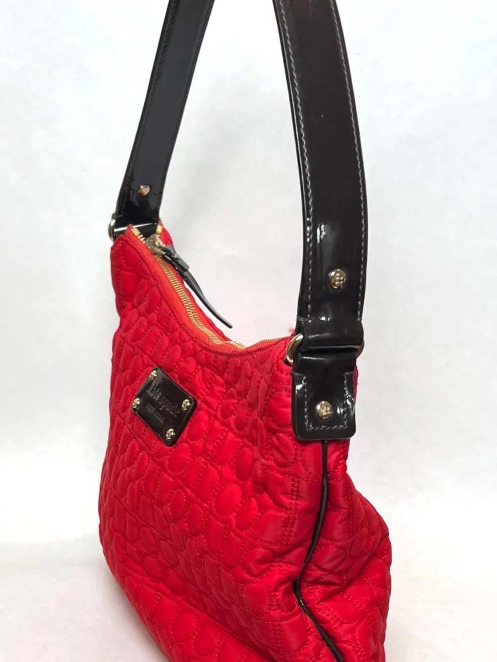 Kate Spade Lennox Hill Noel Quilted Nylon Hobo Bag [Red w/ Brown Patent] - Picture 2 of 7